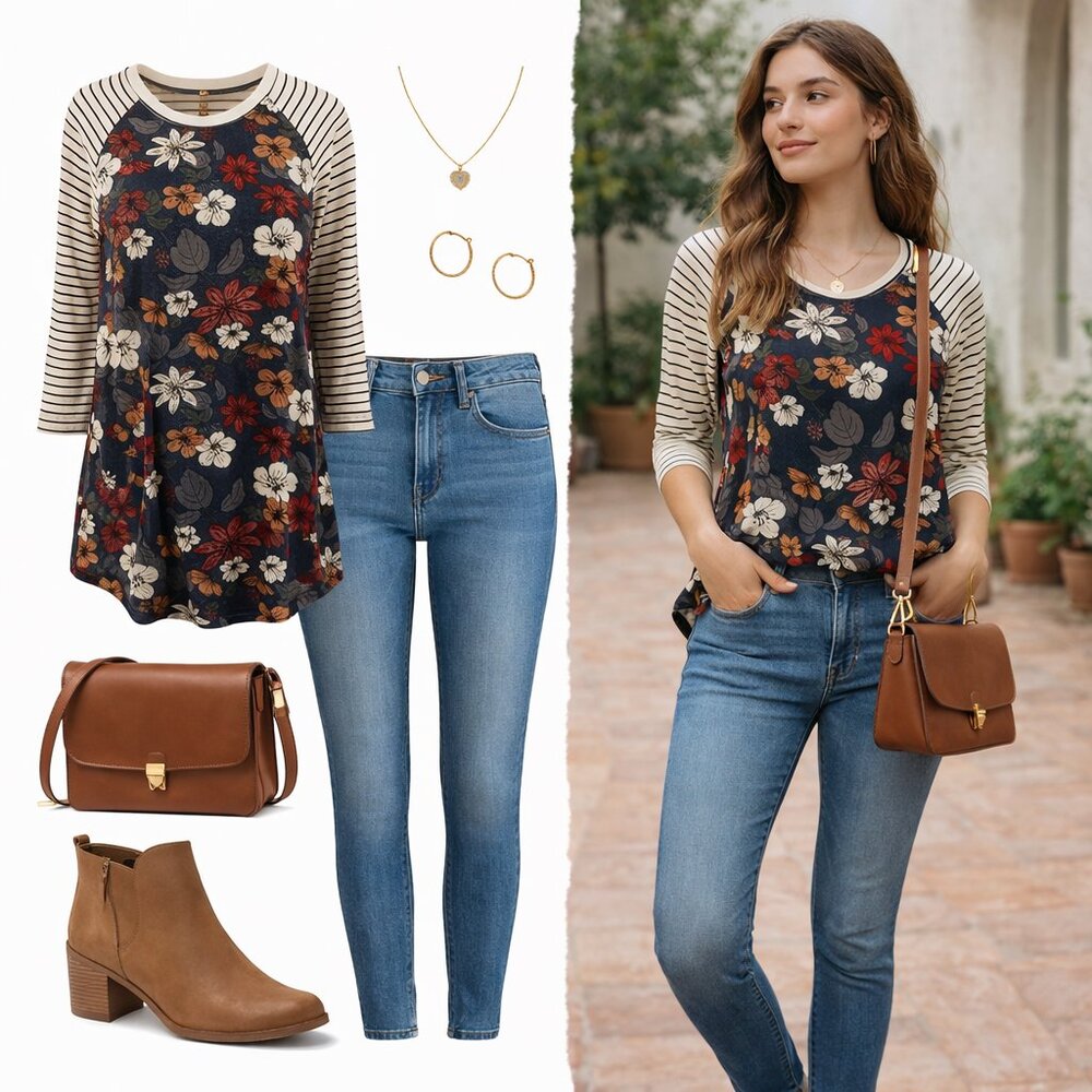 💚 Chris & Carol Floral Raglan Top Striped 3/4 Sleeve Navy Rust Size L